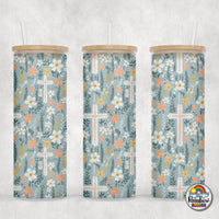 Green Cross Floral Glass Can