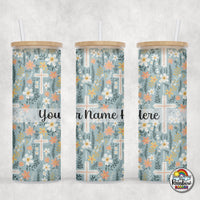 Green Cross Floral Glass Can