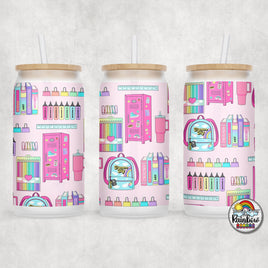 Pink School Supplies Glass Can