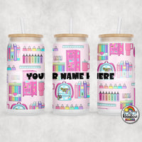 Pink School Supplies Glass Can